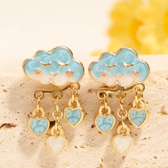 Jewelry - NEW Sweet Blue Enamel Cloud and Hearts Front to Back Earrings